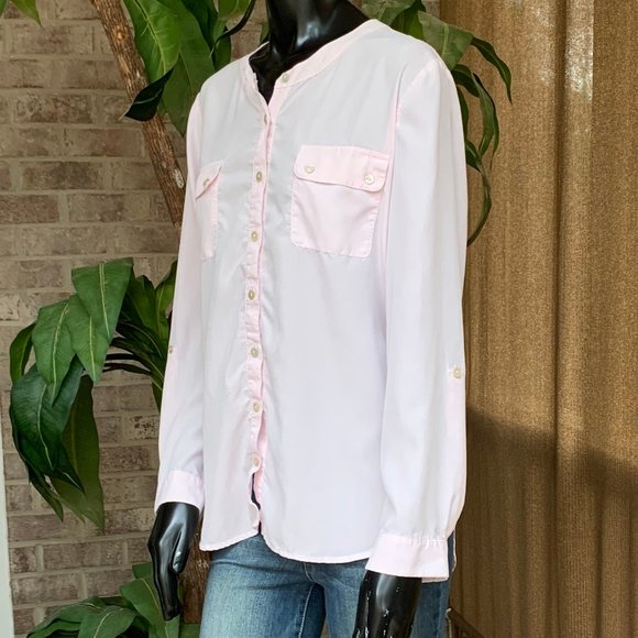 Chicos Collarless Roll Up long Sleeve Top - Picture 2 of 12